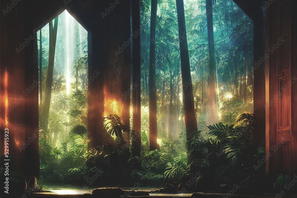 Wall mural A large arch-shaped window, a portal in the Dark Mystical Forest, the sun's rays pass through the window and trees, shadows. Fantasy beautiful forest fantasy landscape. 3D illustration. 