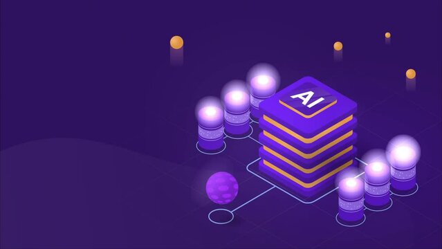Artificial intelligence video concept. Moving banner with modern cloud storage for big data or information analysis. Innovations in digital technology, cybernetics. Isometric graphic animated cartoon