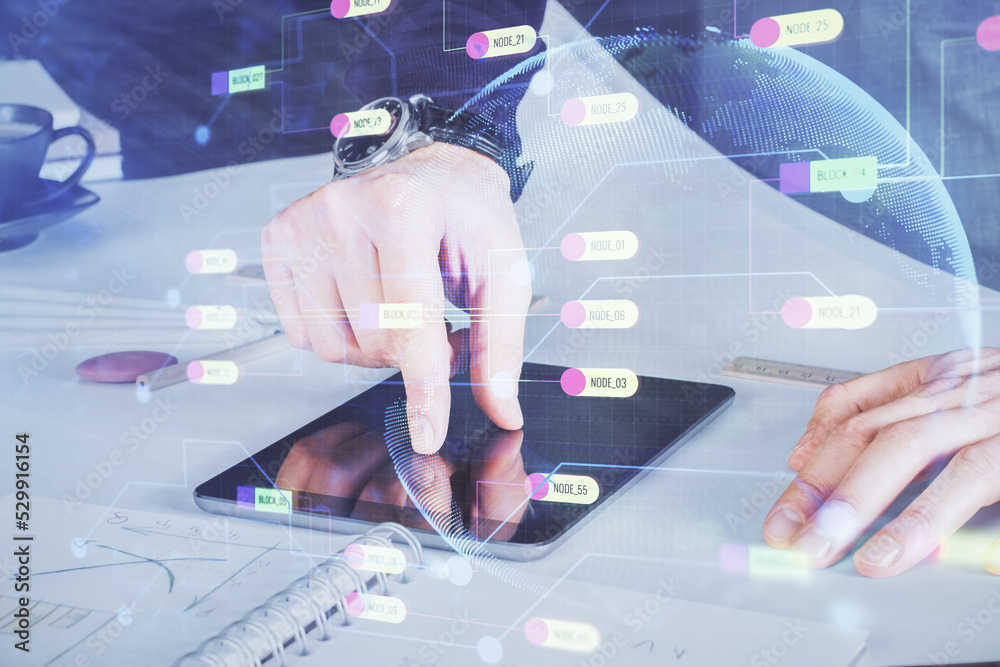 Poster Double exposure of man's hand holding and using a digital device and data theme drawing. Technology concept.
