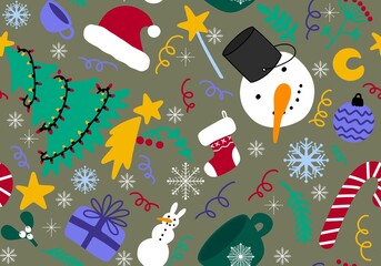 Cartoon doodle seamless Christmas tree and snowman and Santa hat and gifts pattern for wrapping new year and kids