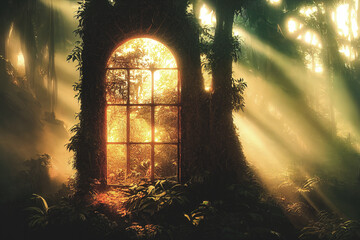 A large arch-shaped window, a portal in the Dark Mystical Forest, the sun's rays pass through the window and trees, shadows. Fantasy beautiful forest fantasy landscape. 3D illustration. 