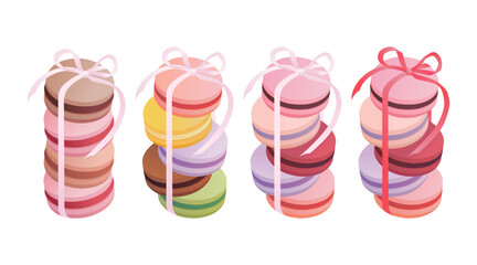 Set of sweet french macaroons isolated on white background. Colorful macarons with ribbon. Vector illustration in flat style.