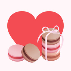 Sweet french macaroons for Valentines day. Macarons with ribbon. Template for valentine card with big red heart. Vector illustration in flat style.