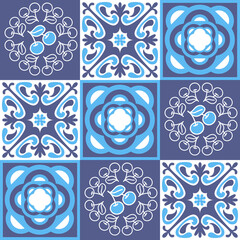 Traditional mediterranean ceramic porcelain tiles, blue white purple pattern for decoration, azulejo talavera spanish style, vector illustration