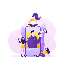 Flat advertising. Social media marketing. Phone icon vector. Flat advertising with people smartphone megaphone.