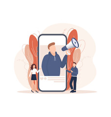 Flat advertising with people smartphone megaphone. Flat advertising. Social media marketing. Phone icon vector.