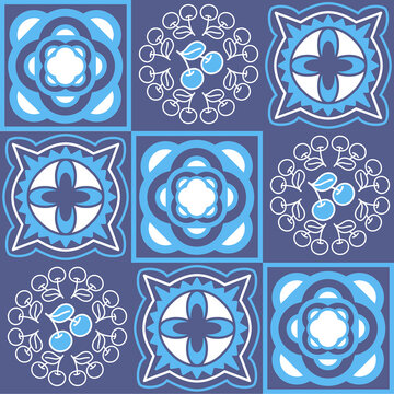 Traditional mediterranean ceramic porcelain tiles, blue white purple pattern for decoration, azulejo talavera spanish style, vector illustration