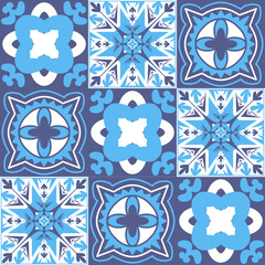 Blue mediterranean ceramic tiles, spanish portuguese italian style, azulejo talavera illustration