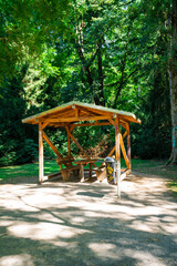 Fototapeta na wymiar Wooden gazebo structure in forest. Empty Bench On Field By Trees