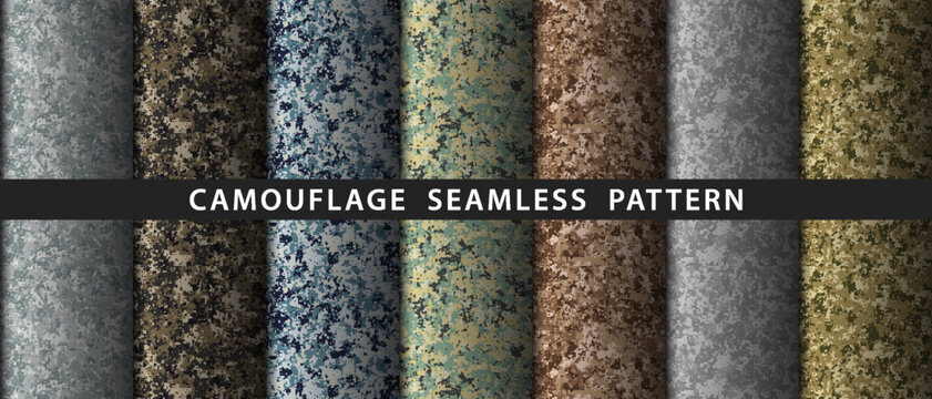 Set camouflage military seamless pattern. Vector soldier uniform fabrix texture.