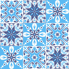 Traditional mediterranean ceramic porcelain tile, roque blue pattern for decoration, azulejo talavera style, vector illustration