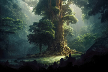 Dark dense forest the sun's rays pass through the trees, shadows. Big old tree in the center. Beautiful forest fantasy landscape. unreal world. Mysterious forest. 3D illustration. - obrazy, fototapety, plakaty