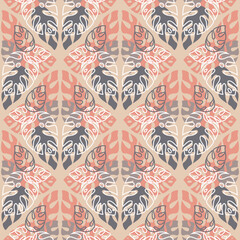 Tropical seamless pattern with monstera palm leaves, pink gray pastel color, vector illustration for textile
