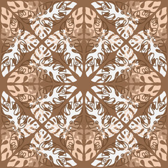 Tropical seamless pattern with monstera palm leaves, brown beige monochromatic color, vector illustration for textile