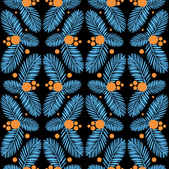 Fototapeta premium rainforest seamless pattern on dark background, palm leaf trendy vector illustration for textile and wrapping paper