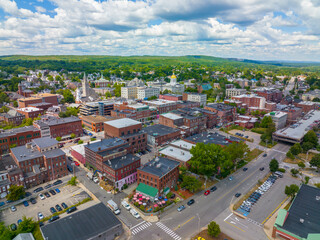 Concord downtown commercial center aerial view on Main Street near New Hampshire State House, city...
