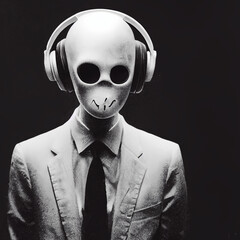Eerie DJ listening to Music Black and White