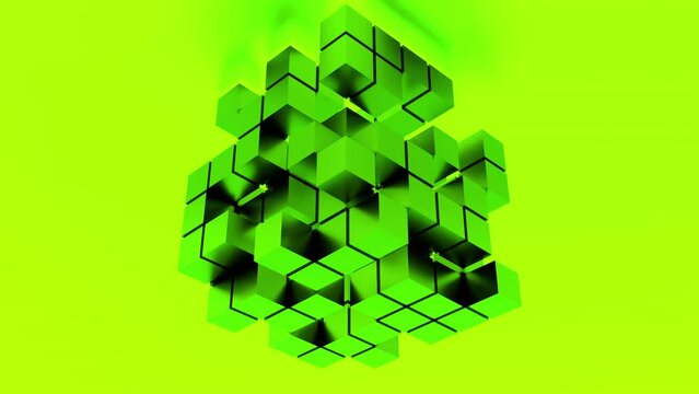 Rubik cube transforming on a bright yellow and green background. Design. 3D figure of many small cubes.
