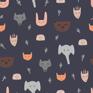 Seamless vector pattern with animal faces in doodle style. Children's pattern for printing on pastel linen and stationery.