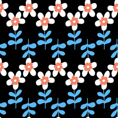 Seamless pattern flower on a dark background, hand drawn cute flower chamomile daisy design