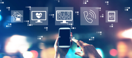 Telehealth theme with blurred city lights at night