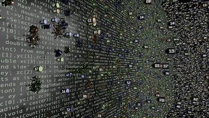 A wall of computer source code is pelted with bullet shaped objects - each imprinted with a different hexadecimal number.  Image meant as an 