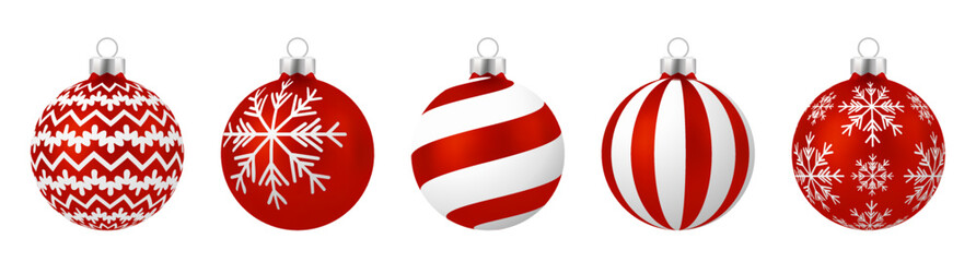 Set of Realistic red Christmas balls with ornament isolated on white background.