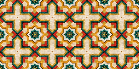 Traditional tile mosaic seamless border pattern print. Fabric effect mexican patchwork damask edging trim. Square shape symmetrical background textile ribbon . Creative colourful graphic design banner