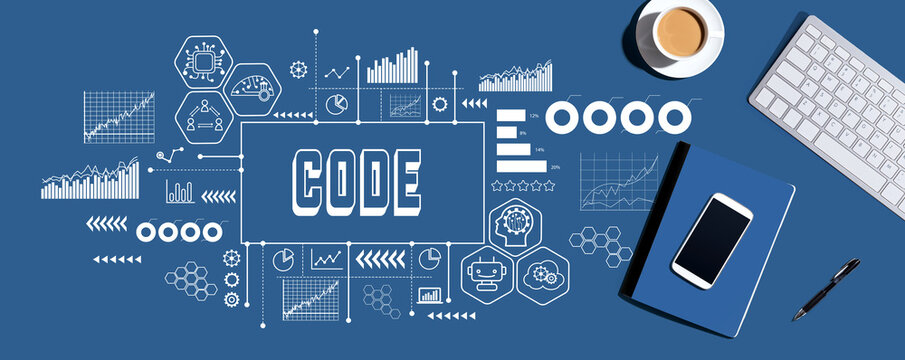 Code with a computer keyboard and office items
