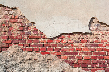 Nostalgic Exterior Wall Detail / Old brick wall background with partly chipped cement plaster (copy space)