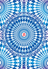Openwork blue mandala on a mandala background with aum, om, ohm sign in center. Vector graphics
