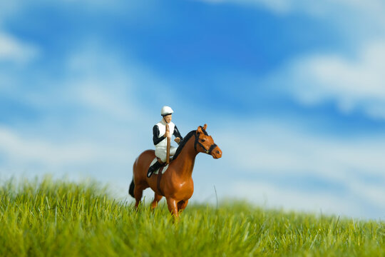 Miniature people toy figure photography. A jockey man riding horse at meadow field for training