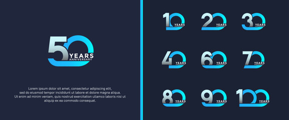 set of anniversary logotype blue color on dark blue background for celebration moment