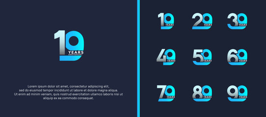 set of anniversary logotype blue color on dark blue background for celebration moment
