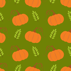 Seamless vector pattern with pumpkins, leaves and berries. It can be used to make fabrics, wrapping paper, design and wallpaper. Vegetable autumn background of pumpkins and leaves. Flat style. Vector