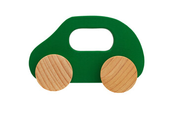 children's toy green wooden car with wheels, isolated on a white background