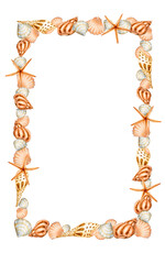 Rectangular frame with seashells.Watercolor design element for cards, invitations, posters, fabric prints, patterns, stationery, labels. Template for wedding, anniversary, birthday and other.