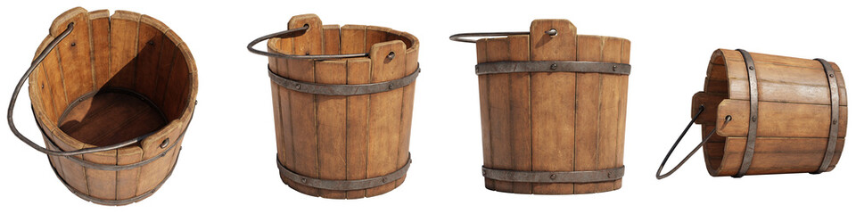 wooden buckets, collection of retro containers, isolated