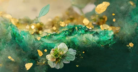 Poster Abstract watercolor flowers. Elegant, luxurious floral background with space for text. A poster or flyer with a golden texture of blooming flowers and leaves. 3D illustration © Zaleman