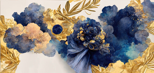 Textured abstract watercolor flowers with a golden sheen. An elegant flower card or banner template with space for text. 3D illustration