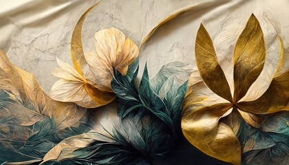 Abstract watercolor flowers. Elegant, luxurious floral background with space for text. A poster or flyer with a golden texture of blooming flowers and leaves. 3D illustration