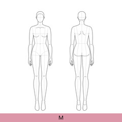 Fototapeta na wymiar M Size Women Fashion template 9 nine head Croquis Lady model with main lines skinny body figure front back view. Vector isolated outline sketch girl for Fashion Design, Illustration, technical drawing