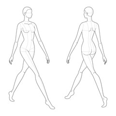 Walking women Fashion template 9 nine head size female with main lines for technical drawing. Lady figure front, 3-4 back view. Vector outline girl for fashion sketching and illustration.
