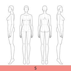 Set of S Size Women Fashion template 9 nine head Croquis Lady model skinny body with main lines figure front, side, back view. Vector isolated sketch outline girl for Fashion Design, technical drawing