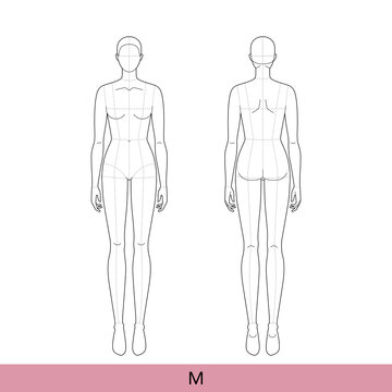 M Size Women Fashion template 9 nine head Croquis Lady model with main lines skinny body figure front back view. Vector isolated outline sketch girl for Fashion Design, Illustration, technical drawing