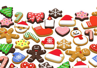 Colorful Christmas cookies on transparent background, 3D illustration