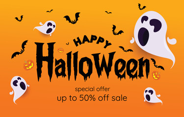 Halloween background. Special offers and shopping discounts. Halloween sale horizontal banner.Vector illustration holiday promotion decorated with cartoon ghosts and bats.