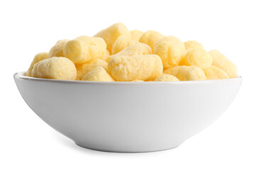Bowl with tasty corn puffs on white background