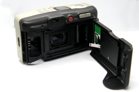35mm analog pocket camera isolated on white background, Selective focus
