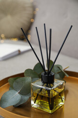 Aromatic reed air freshener and eucalyptus branch on tray in living room